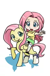 Size: 526x799 | Tagged: safe, artist:shepherd0821, derpibooru import, fluttershy, human, pegasus, pony, breasts, chibi, clothes, female, human ponidox, humanized, humans riding ponies, mare, self ponidox, skirt, sleeveless turtleneck, socks, sweatershy, wings