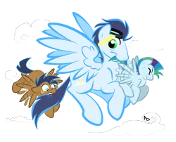 Size: 2954x2383 | Tagged: safe, artist:littletiger488, derpibooru import, soarin', oc, oc:circuit, oc:eden, pegasus, pony, colt, family, father and son, flying, foal, high res, male, mouth hold, offspring, parent:applejack, parent:rainbow dash, parent:soarin', parents:soarindash, parents:soarinjack, photoshop, simple background, stallion, tail bite, tail pull, transparent background, trio