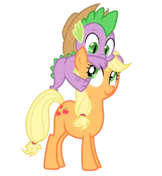 Size: 409x442 | Tagged: safe, artist:lifelspain, derpibooru import, applejack, spike, dragon, earth pony, pony, applejack's hat, applespike, baby, baby dragon, cowboy hat, cute, cutie mark, dragons riding ponies, female, freckles, green eyes, hat, jackabetes, male, mare, riding, shipping, simple background, spikabetes, stetson, straight, transparent background