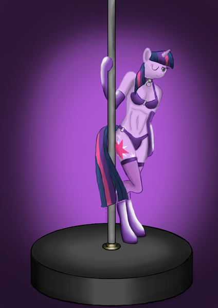 Size: 706x1000 | Tagged: suggestive, artist:quakehoof, derpibooru import, twilight sparkle, anthro, unguligrade anthro, unicorn, arm hooves, bra, breasts, clothes, collar, female, lingerie, panties, pole dancing, purple underwear, solo, solo female, stripper, stripper pole, twilightlicious, underwear