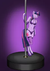 Size: 706x1000 | Tagged: suggestive, artist:quakehoof, derpibooru import, twilight sparkle, anthro, unguligrade anthro, unicorn, arm hooves, bra, breasts, clothes, collar, female, lingerie, panties, pole dancing, purple underwear, solo, solo female, stripper, stripper pole, twilightlicious, underwear