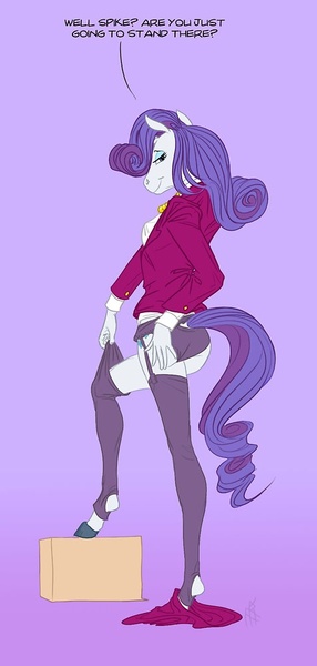 Size: 476x1000 | Tagged: suggestive, artist:carnifex, derpibooru import, rarity, anthro, unguligrade anthro, unicorn, bedroom eyes, breasts, clothes, female, garter belt, lidded eyes, panties, smiling, solo, solo female, stockings, underwear