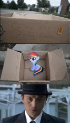 Size: 832x1463 | Tagged: safe, derpibooru import, rainbow dash, pegasus, pony, box, dashie meme, evil people finding dash meme, exploitable meme, female, filly, isaka, kamen rider, kamen rider w, meme, open mouth, pony in a box, sitting, smiling