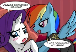 Size: 662x460 | Tagged: suggestive, artist:crimsonbugeye, derpibooru import, rainbow dash, rarity, pegasus, pony, unicorn, blushing, cropped, dialogue, female, femdom, femsub, lesbian, mare, on back, raridash, shipping, submissive