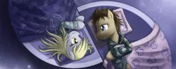 Size: 1267x500 | Tagged: safe, artist:saturnspace, derpibooru import, derpy hooves, doctor whooves, time turner, earth pony, pegasus, pony, banana, bed, clothes, doctorderpy, female, looking at each other, male, mare, muffin, photoshop, pillow, revolutionary girl utena, shipping, shoujo kakumei utena, smiling, stallion, straight