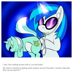 Size: 780x782 | Tagged: safe, artist:lamia, derpibooru import, vinyl scratch, pony, unicorn, ask skyra and bons away, abstract background, cd, earbuds, female, lyra plushie, mare, plothole plush lyra