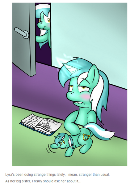 Size: 571x761 | Tagged: questionable, artist:lamia, derpibooru import, lyra heartstrings, skyra, pegasus, pony, unicorn, ask skyra and bons away, blushing, book, english, female, funny, lesbian, lyra plushie, mare, masturbation, plothole plush lyra, sexual proxy voodoo, shipping, sitting, text, voodoo, voodoo doll