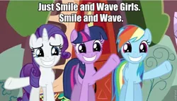 Size: 821x468 | Tagged: safe, derpibooru import, edit, screencap, rainbow dash, rarity, twilight sparkle, pegasus, pony, unicorn, dragon quest, female, forced smile, image macro, madagascar, mare, smile and wave, smiling, unicorn twilight