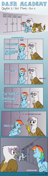 Size: 895x3246 | Tagged: safe, artist:sorcerushorserus, derpibooru import, brolly, gilda, rainbow dash, whitewash, gryphon, pegasus, pony, comic:dash academy, comic, female, lockers, male, mare, stallion