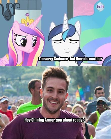 Size: 440x550 | Tagged: safe, derpibooru import, edit, edited screencap, screencap, princess cadance, shining armor, alicorn, pony, unicorn, caption, female, image macro, implied, male, mare, meme, princess, ridiculously photogenic guy, stallion, zeddie little