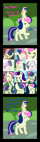 Size: 800x2808 | Tagged: safe, artist:lamia, derpibooru import, bon bon, bons away, sweetie drops, earth pony, pegasus, pony, ask skyra and bons away, bon bon is not amused, collage, facehoof, female, mare, pony hat, sitting on head