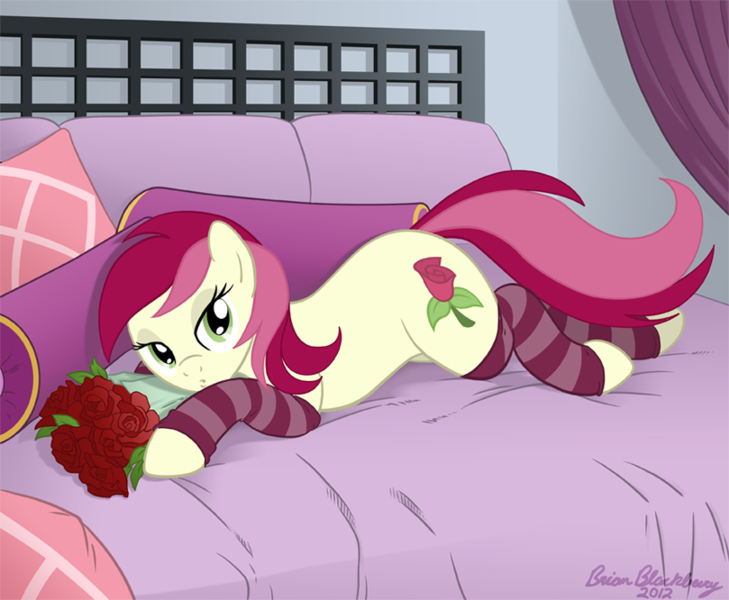 Size: 809x666 | Tagged: safe, artist:brianblackberry, derpibooru import, roseluck, earth pony, pony, bed, bouquet, clothes, female, flower, mare, prone, rose, socks, solo, striped socks