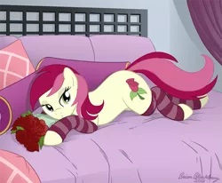 Size: 809x666 | Tagged: safe, artist:brianblackberry, derpibooru import, roseluck, earth pony, pony, bed, bouquet, clothes, female, flower, mare, prone, rose, socks, solo, striped socks
