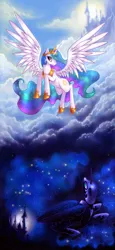 Size: 1288x2808 | Tagged: safe, artist:limreiart, derpibooru import, nightmare moon, princess celestia, princess luna, alicorn, pony, canterlot, cloud, cloudy, contrast, day, duo, female, flying, hoof shoes, mare, night, outdoors, photoshop, royal sisters, spread wings, stars, wings