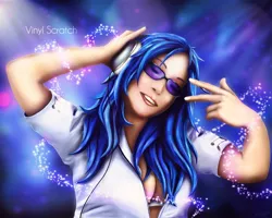 Size: 962x770 | Tagged: artist:neroq, breasts, busty vinyl scratch, derpibooru import, female, headphones, human, humanized, solo, solo female, suggestive, sunglasses, vinyl scratch