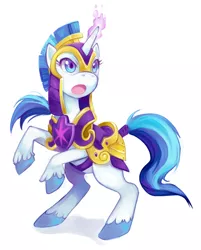 Size: 600x747 | Tagged: safe, artist:theuselesstoe, derpibooru import, shining armor, pony, unicorn, armor, female, gleaming shield, mare, rearing, rule 63, simple background, solo, tail wrap