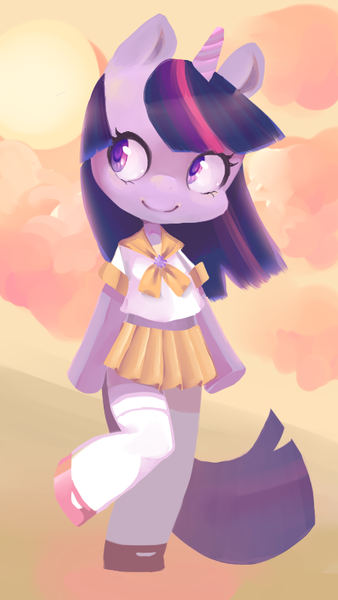 Size: 450x800 | Tagged: safe, artist:whimsical-vanilla, derpibooru import, twilight sparkle, pony, bipedal, clothes, cute, midriff, school uniform, skirt, solo