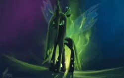 Size: 1600x1008 | Tagged: safe, artist:raikoh, derpibooru import, queen chrysalis, changeling, changeling queen, abstract background, backlighting, deviantart link, fangs, female, fire, image, jpeg, signature, slit eyes, solo