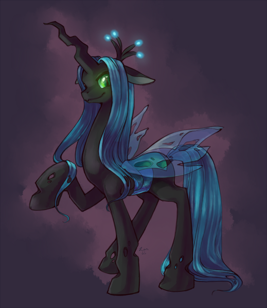 Size: 865x1000 | Tagged: safe, artist:zanthu, derpibooru import, queen chrysalis, changeling, changeling queen, female, gradient background, image, looking at you, png, raised hoof, slit eyes, smiling, solo