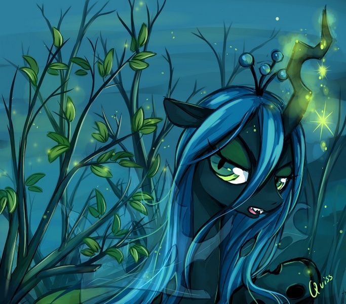 Size: 1000x878 | Tagged: safe, artist:quiss, derpibooru import, queen chrysalis, changeling, changeling queen, annoyed, female, floppy ears, image, jpeg, lidded eyes, magic, open mouth, signature, slit eyes, solo, sparkles