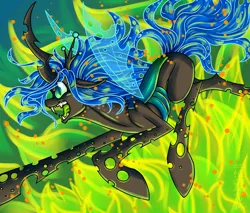 Size: 1000x850 | Tagged: safe, artist:rozga, derpibooru import, queen chrysalis, changeling, changeling queen, fangs, female, fire, floppy ears, image, open mouth, png, profile, signature, slit eyes, solo