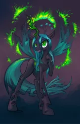 Size: 792x1224 | Tagged: safe, artist:hobbes-maxwell, derpibooru import, queen chrysalis, changeling, changeling queen, bedroom eyes, fangs, female, glowing horn, horn, image, jpeg, looking at you, open mouth, raised hoof, slit eyes, solo, standing, tongue out