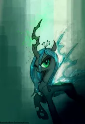 Size: 616x900 | Tagged: safe, artist:foxinshadow, derpibooru import, queen chrysalis, changeling, changeling queen, abstract background, deviantart link, female, grin, heart eyes, image, lidded eyes, looking at you, png, raised hoof, slit eyes, smiling, solo, standing, wingding eyes