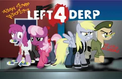 Size: 2552x1655 | Tagged: safe, artist:smashinator, derpibooru import, berry punch, berryshine, cheerilee, derpy hooves, mayor mare, earth pony, pegasus, pony, bill (l4d), crossover, female, francis (l4d), left 4 dead, louis (l4d), mare, pills, pills here, spread wings, tattoo, wings, zoey (l4d)