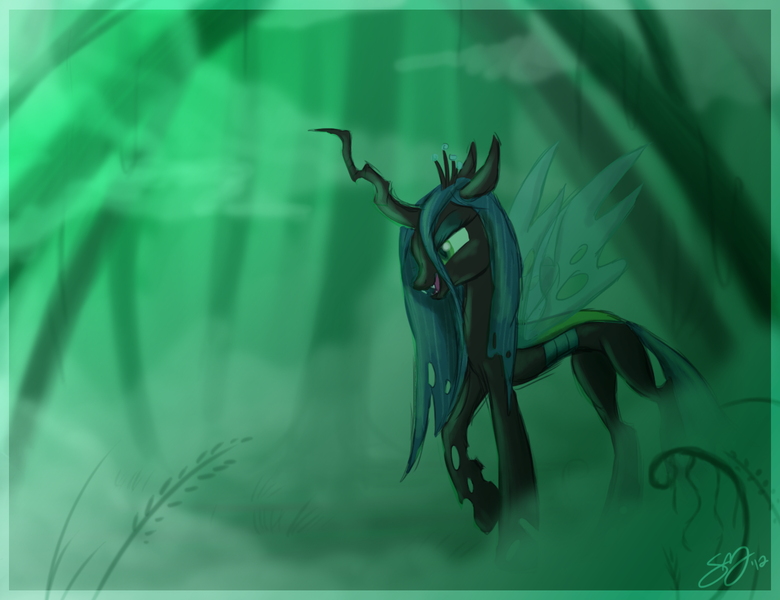 Size: 1300x1000 | Tagged: safe, artist:probablyfakeblonde, derpibooru import, queen chrysalis, changeling, changeling queen, fangs, female, fog, image, lidded eyes, looking down, open mouth, png, profile, raised hoof, signature, slit eyes, solo, standing, swamp