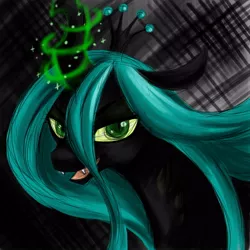 Size: 1000x1000 | Tagged: safe, artist:valkyrie-girl, derpibooru import, queen chrysalis, changeling, changeling queen, abstract background, bedroom eyes, bust, fangs, female, glowing horn, horn, image, jpeg, looking at you, magic, open mouth, portrait, slit eyes, solo