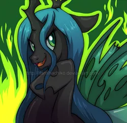 Size: 821x795 | Tagged: artist:itami-salami, beautiful, bust, changeling, changeling queen, derpibooru import, evil grin, female, fire, green fire, grin, hoof under chin, looking at you, queen chrysalis, safe, smiling, solo, watermark