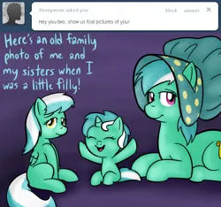 Size: 640x600 | Tagged: dead source, safe, artist:lamia, derpibooru import, lyra heartstrings, silver strings, skyra, pegasus, pony, unicorn, ask skyra and bons away, cute, family photo, female, filly, filly lyra, filly skyra, lyrabetes, skyrabetes, the lyra family, younger