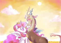 Size: 800x569 | Tagged: safe, artist:kelsea-chan, derpibooru import, discord, princess celestia, alicorn, pony, dislestia, female, flower, flower in mouth, male, mare, mouth hold, pink-mane celestia, shipping, sitting, straight, sun, young, younger
