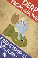 Size: 1650x2550 | Tagged: safe, artist:smashinator, derpibooru import, derpy hooves, pegasus, pony, atomic bomb, bomb, derp from above, dr. strangelove, female, hat, mare, photoshop, poster, propaganda, riding a bomb, solo, spread wings, wings