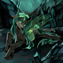 Size: 1000x1000 | Tagged: safe, artist:soukitsubasa, derpibooru import, queen chrysalis, changeling, changeling queen, bedroom eyes, cave, fangs, female, floppy ears, image, jpeg, looking at you, lying down, open mouth, prone, signature, slit eyes, solo, tongue out