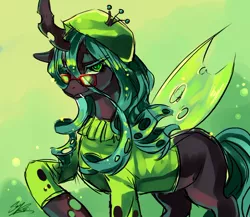 Size: 1000x867 | Tagged: safe, artist:soukitsubasa, derpibooru import, queen chrysalis, changeling, changeling queen, abstract background, beatnik, bedroom eyes, beret, clothes, fangs, female, glasses, image, jpeg, looking at you, raised hoof, signature, solo, standing, sweater
