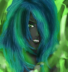 Size: 562x596 | Tagged: artist:ghiblifreek, bust, derpibooru import, fangs, female, hair over one eye, human, humanized, looking at you, pony coloring, portrait, queen chrysalis, safe, solo