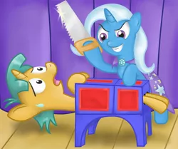 Size: 1792x1500 | Tagged: safe, artist:041744, derpibooru import, snails, trixie, pony, unicorn, box, box sawing trick, colt, duo, female, gimp, magic trick, male, mare, not a magic trick, saw, scared, smiling, stage, this will end in tears and/or death