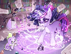 Size: 800x602 | Tagged: safe, artist:raspbearyart, derpibooru import, spike, twilight sparkle, dragon, pony, unicorn, baby spike, book, duo, female, filly, filly twilight sparkle, ink, jewel, library, magic, magic circle, male, reaching, younger