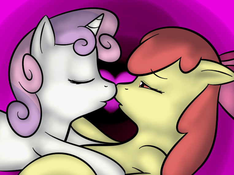 Size: 763x570 | Tagged: safe, artist:lamia, derpibooru import, apple bloom, sweetie belle, earth pony, pony, unicorn, abstract background, female, filly, filly on filly, imminent kissing, lesbian, nuzzling, shipping, sweetiebloom
