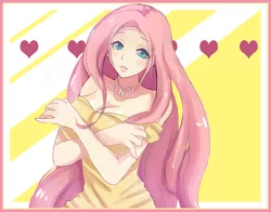 Size: 700x548 | Tagged: abstract background, adorasexy, artist:songoftheshoebox, blushing, breasts, busty fluttershy, cute, derpibooru import, female, fluttershy, human, humanized, safe, sexy, shyabetes, solo, stupid sexy fluttershy
