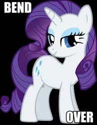 Size: 744x960 | Tagged: safe, derpibooru import, rarity, pony, unicorn, bedroom eyes, bend over, female, image macro, looking at you, mare, meme, simple background, solo
