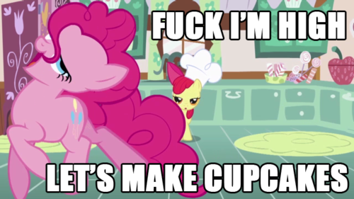 Size: 500x281 | Tagged: safe, derpibooru import, edit, edited screencap, screencap, apple bloom, pinkie pie, earth pony, pony, call of the cutie, artifact, baking, caption, chef's hat, cupcake, drugs, duo, duo female, faic, female, filly, fuck i'm high, great moments in animation, hat, high, image macro, jumping, junkie pie, mare, meme, silly, silly pony, text, vulgar