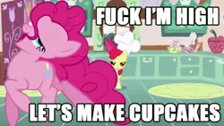 Size: 500x281 | Tagged: safe, derpibooru import, edit, edited screencap, screencap, apple bloom, pinkie pie, earth pony, pony, call of the cutie, artifact, baking, caption, chef's hat, cupcake, drugs, duo, duo female, faic, female, filly, fuck i'm high, great moments in animation, hat, high, image macro, jumping, junkie pie, mare, meme, silly, silly pony, text, vulgar