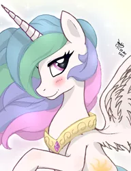 Size: 920x1200 | Tagged: safe, artist:joakaha, derpibooru import, princess celestia, alicorn, pony, blushing, bust, female, jewelry, looking at you, mare, photoshop, raised hoof, regalia, solo, spread wings, wings