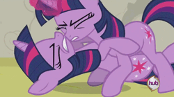 Size: 800x449 | Tagged: safe, derpibooru import, screencap, twilight sparkle, changeling, pony, unicorn, a canterlot wedding, animated, disguise, disguised changeling, female, gif, hub logo, mare, out of context, selfcest, twolight, unicorn twilight