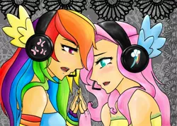 Size: 1134x814 | Tagged: safe, artist:ketsuzoku, derpibooru import, fluttershy, rainbow dash, human, clothes, cute, female, fingerless gloves, flutterdash, gloves, headphones, humanized, lesbian, magnet, shipping, singing, vocaloid