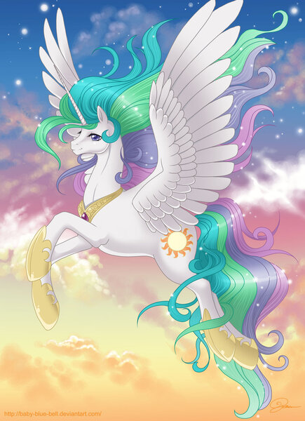 Size: 900x1240 | Tagged: safe, artist:baby-blue-bell, derpibooru import, ponibooru import, princess celestia, alicorn, pony, female, flying, mare, sky, solo