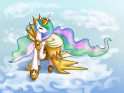 Size: 1200x898 | Tagged: safe, artist:whiteeyedcat, derpibooru import, princess celestia, alicorn, pony, clothes, cloud, cloudy, crown, dress, eyes closed, female, gala dress, gem, hooves, horn, jewelry, mare, on a cloud, raised hoof, regalia, solo, standing on cloud, wings