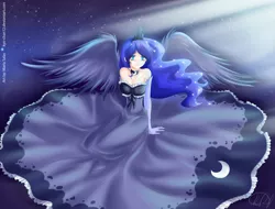 Size: 1024x780 | Tagged: artist:kyo-chan12, clothes, crepuscular rays, derpibooru import, dress, evening gloves, female, humanized, princess luna, safe, skinny, solo, winged humanization